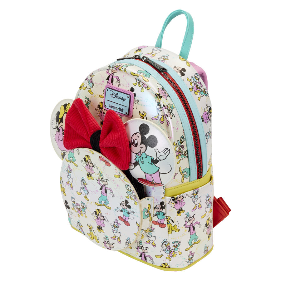 Loungefly Disney100 Mickey & Friends Classic All-Over Print Iridescent Mini Backpack With Ear Headband Loungefly