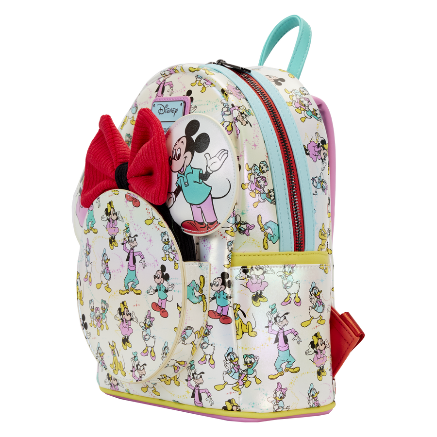 Loungefly Disney100 Mickey & Friends Classic All-Over Print Iridescent Mini Backpack With Ear Headband Loungefly