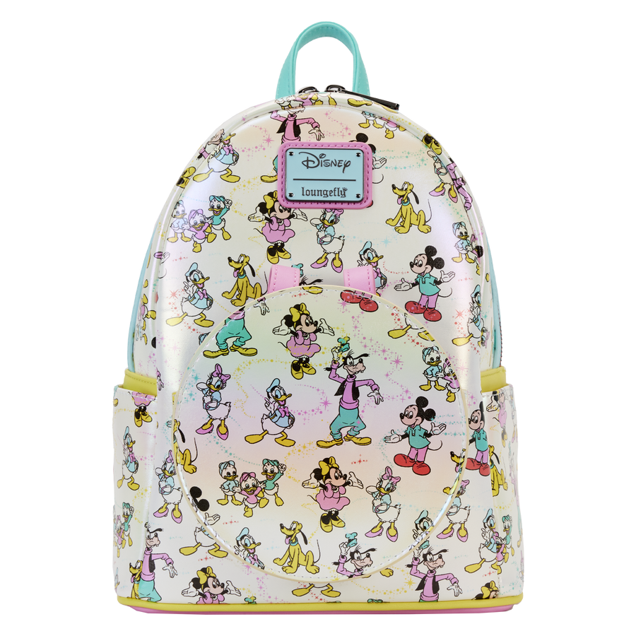 Loungefly Disney100 Mickey & Friends Classic All-Over Print Iridescent Mini Backpack With Ear Headband Loungefly